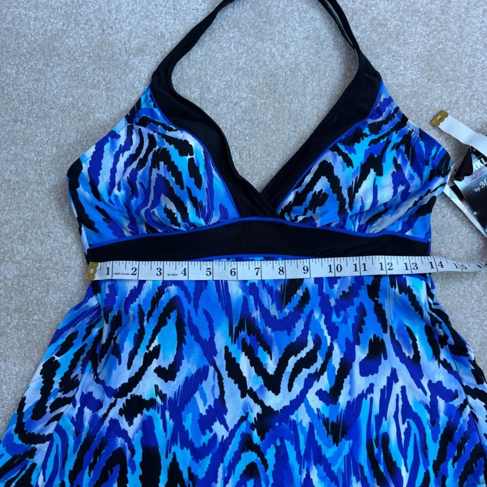Kirkland Signature Miraclesuit Swim Tankini Top Blue Black Print Size 10‎ NWT
